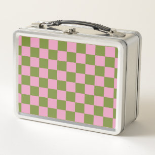 Pink Green Chequered Gingham Pattern Metal Lunch Box