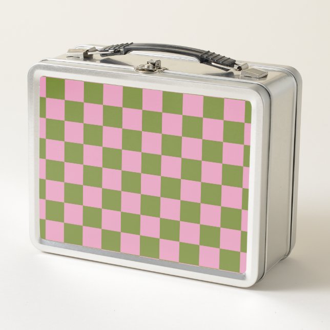 Pink Green Chequered Gingham Pattern Metal Lunch Box (Front)