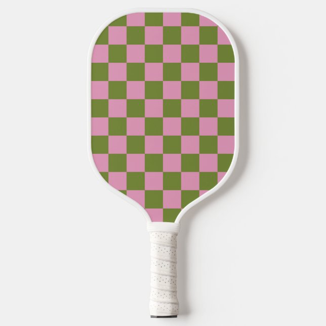 Pink Green Chequered Gingham Pattern Pickleball Paddle (Front)