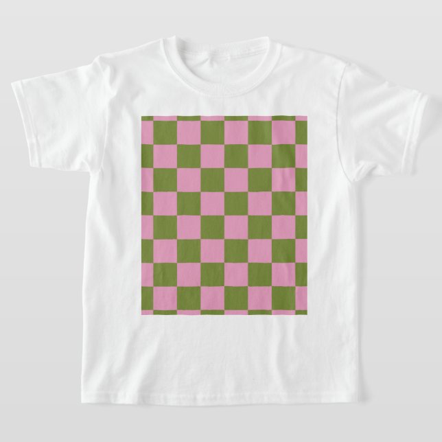 Pink Green Chequered Gingham Pattern T-Shirt (Laydown)