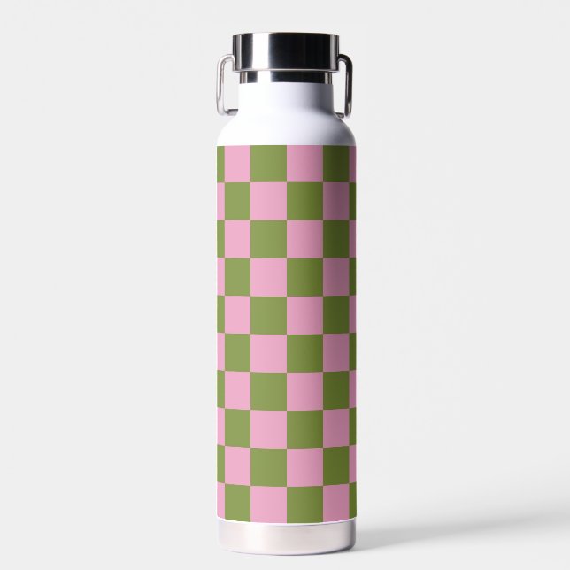 Pink Green Chequered Gingham Pattern Water Bottle (Front)