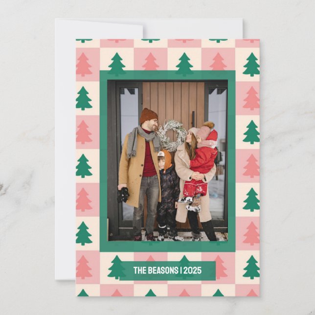Pink Green Chequered Tree Photo Christmas Holiday Card (Front)
