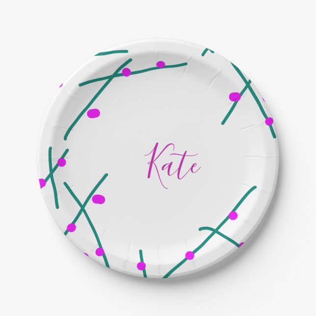 Pink green cherry tree name boho retro rustic bold paper plate (Front)