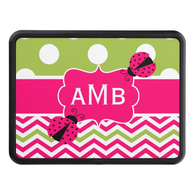 Pink Green Chevron Ladybug Monogram Trailer Hitch Cover (Front)