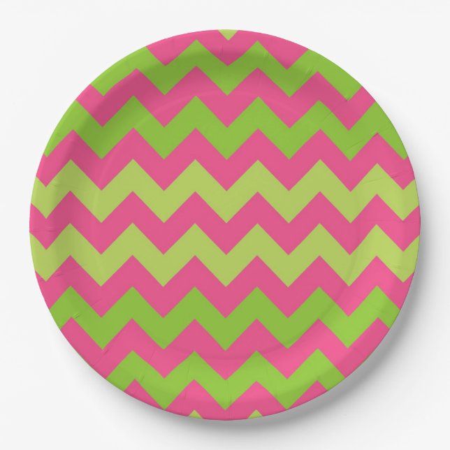 Pink green chevron pattern paper plates (Front)