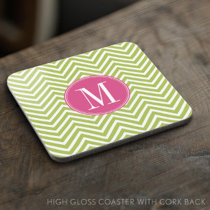 Pink & Green Chevron Pattern with Monogram Coaster