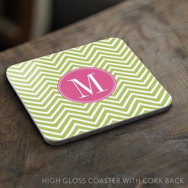 Pink & Green Chevron Pattern with Monogram Coaster (Custom Coaster)