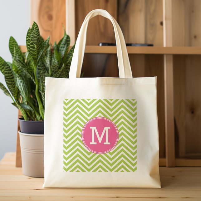 Pink & Green Chevron Pattern with Monogram Tote Bag (Personalized tote bag with chevrons and monogram)