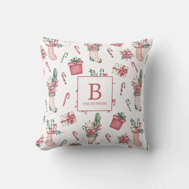 Pink & Green Christmas Stockings, Flowers, Candy Throw Pillow (Front)