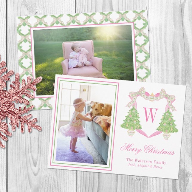 Pink & Green Christmas Tree Monogram Crest Photo Holiday Card (Creator Uploaded)