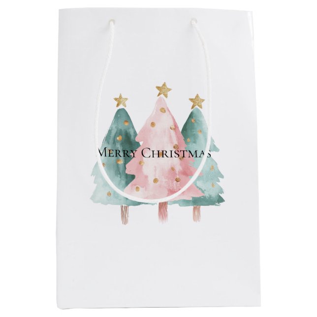 Pink Green Christmas Trees Gold Stars Medium Gift Bag (Front)