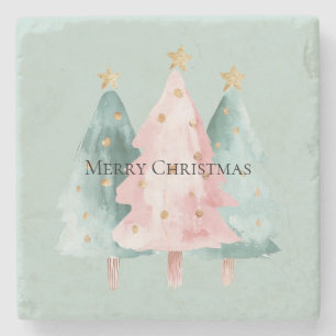 Pink Green Christmas Trees Gold Stars Stone Coaster