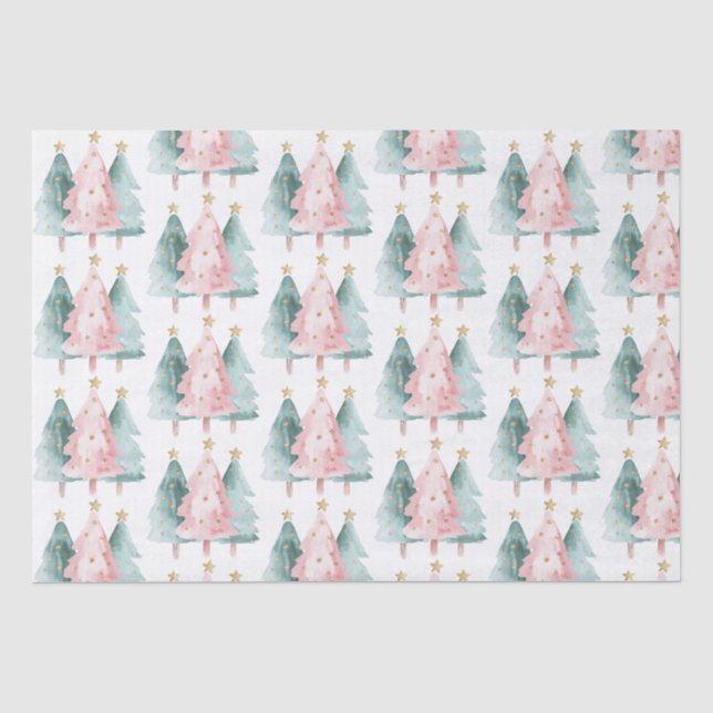 Pink Green Christmas Trees Gold Stars Tissue Paper (Front)