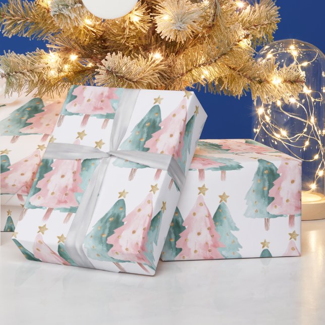 Pink Green Christmas Trees Gold Stars Wrapping Paper (Holidays)