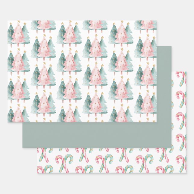 Pink Green Christmas Trees Gold Stars Wrapping Paper Sheet (Set)