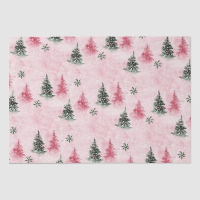 Pink Green Christmas Trees Tissue Paper (Front)