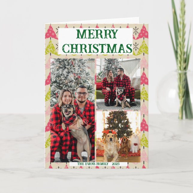 Pink & green Christmas trees with snowflakes Card (Front)