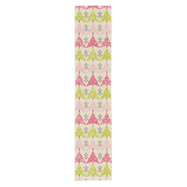 Pink & green Christmas trees with snowflakes Short Table Runner (Front)