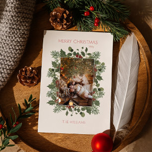 Pink & Green Classic Floral Frame Christmas Photo  Holiday Card