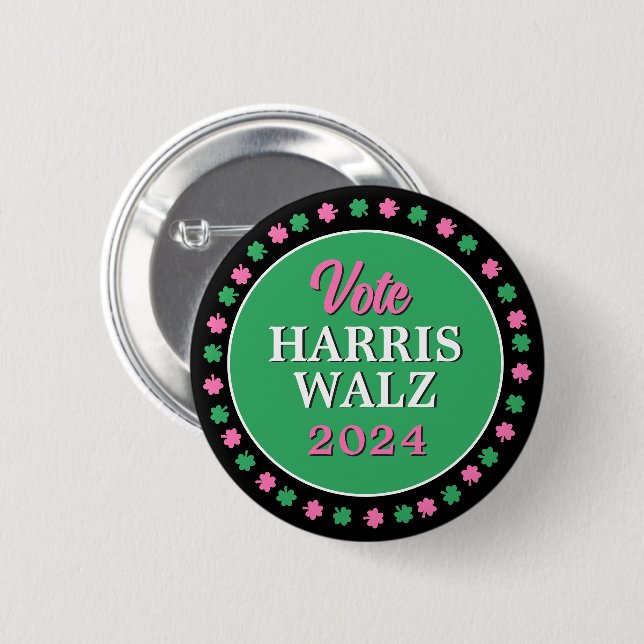 Pink Green Clover 2024 Vote Harris Walz 2 Inch Round Button (Front & Back)