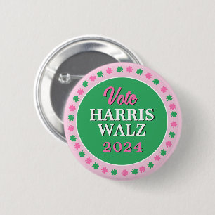 Pink Green Clover 2024 Vote Harris Walz 2 Inch Round Button