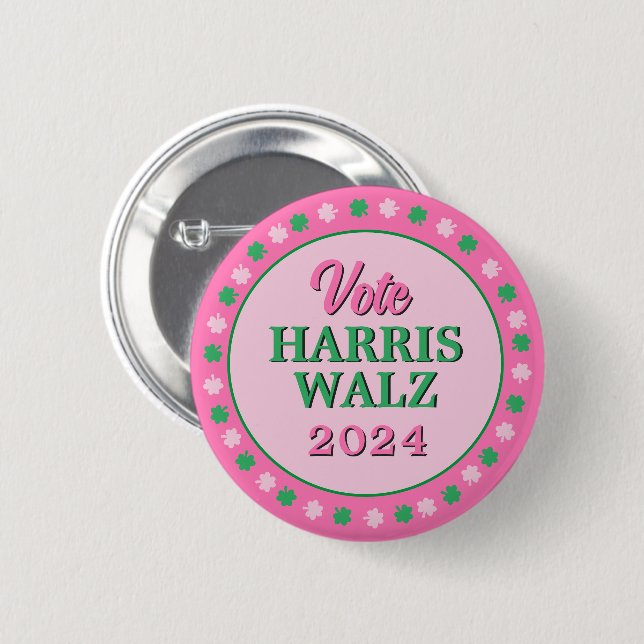 Pink Green Clover 2024 Vote Harris Walz 2 Inch Round Button (Front & Back)