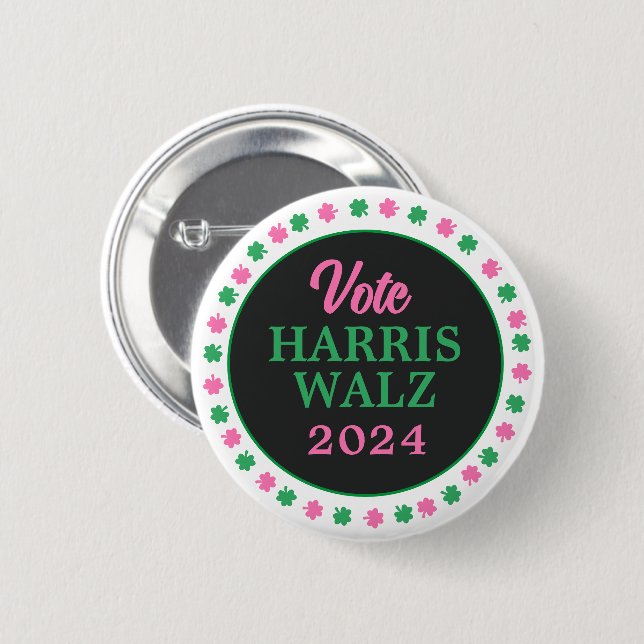 Pink Green Clover 2024 Vote Harris Walz 2 Inch Round Button (Front & Back)