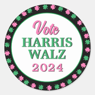 Pink Green Clover 2024 Vote Harris Walz Classic Round Sticker