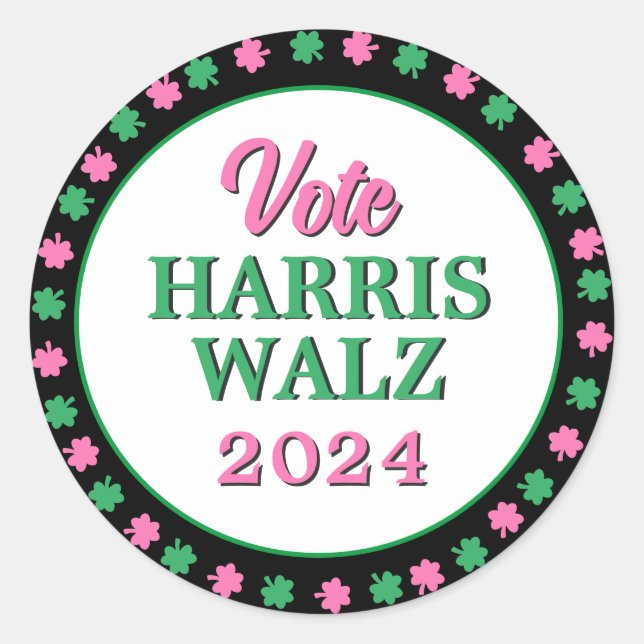Pink Green Clover 2024 Vote Harris Walz Classic Round Sticker (Front)