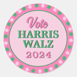 Pink Green Clover 2024 Vote Harris Walz Classic Round Sticker