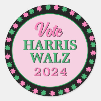 Pink Green Clover 2024 Vote Harris Walz Classic Round Sticker