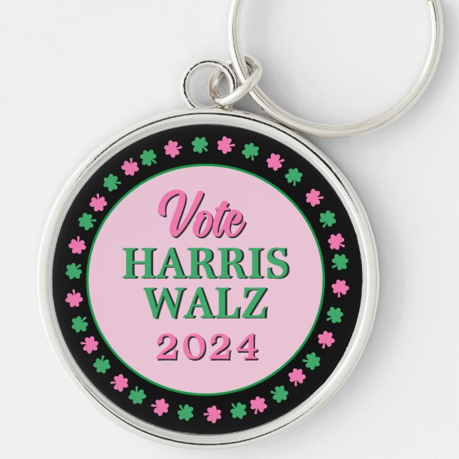 Pink Green Clover 2024 Vote Harris Walz Keychain (Front)