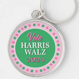 Pink Green Clover 2024 Vote Harris Walz Keychain