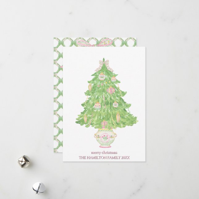 Pink & Green Coquette Bow Preppy Christmas Holiday Card (Front/Back In Situ)