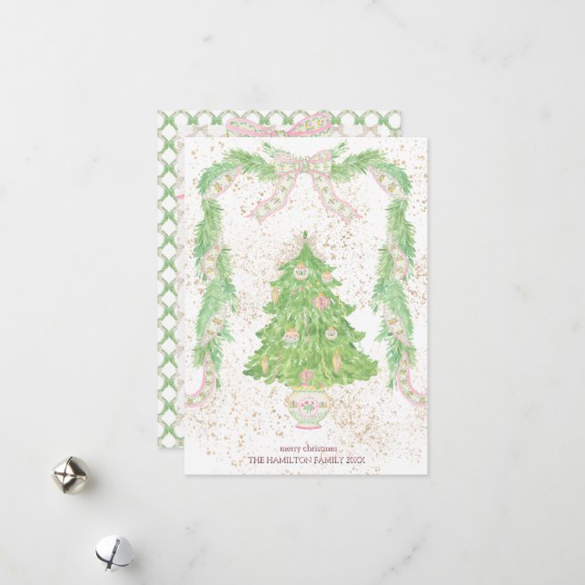 Pink & Green Coquette Bow Preppy Christmas Holiday Card (Front/Back In Situ)