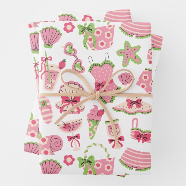 Pink & Green Coquette Summer Beach Vacation Wrapping Paper Sheet (In situ)