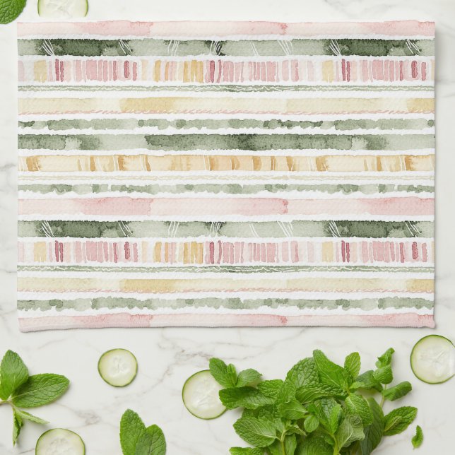 Pink Green Cream Stripes   Kitchen Towel (Folded)