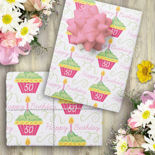 Pink Green Cupcakes 50th Birthday  Wrapping Paper Sheet