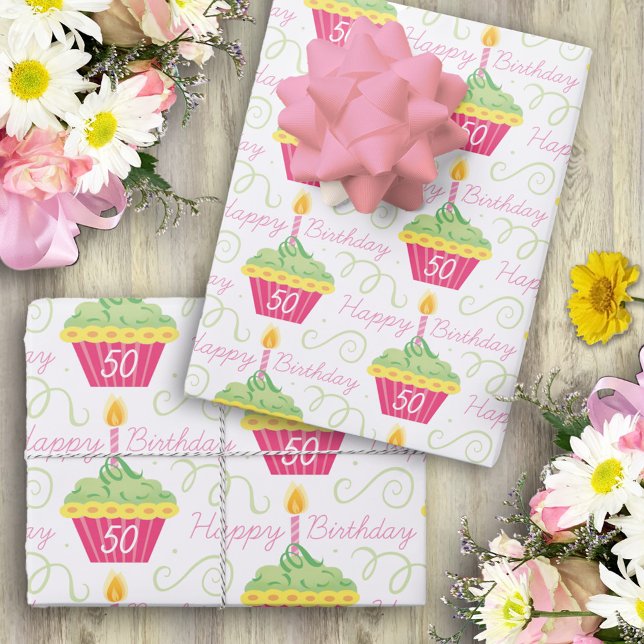 Pink Green Cupcakes 50th Birthday  Wrapping Paper Sheet (Creator Uploaded)