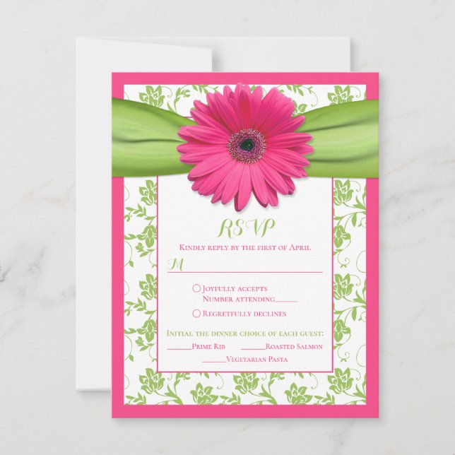 Pink Green Daisy Damask Wedding Meal Choice RSVP Card (Front)