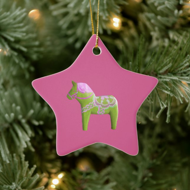 Pink & Green Dala Horse  Star Ornament (Tree)