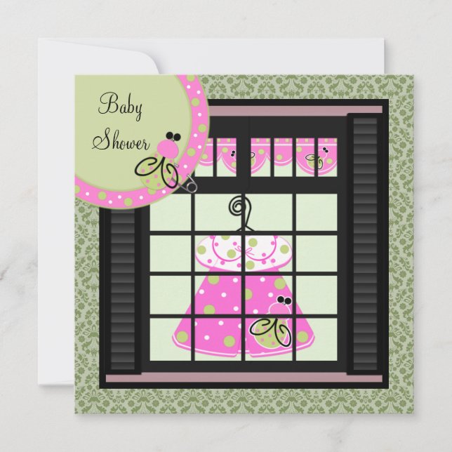 Pink Green Damask Baby Girl Douche Invitations (Devant)