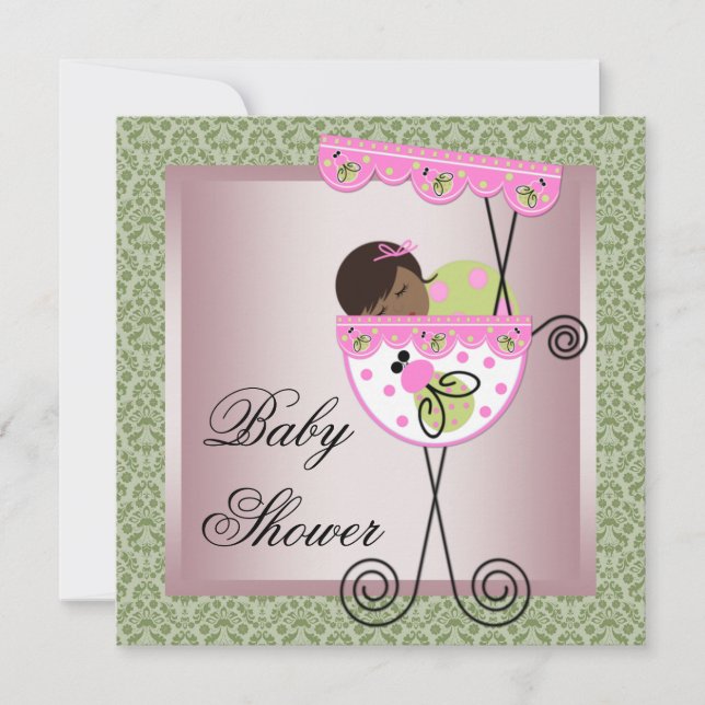 Pink Green Damask Baby Girl Douche Invitations (Devant)