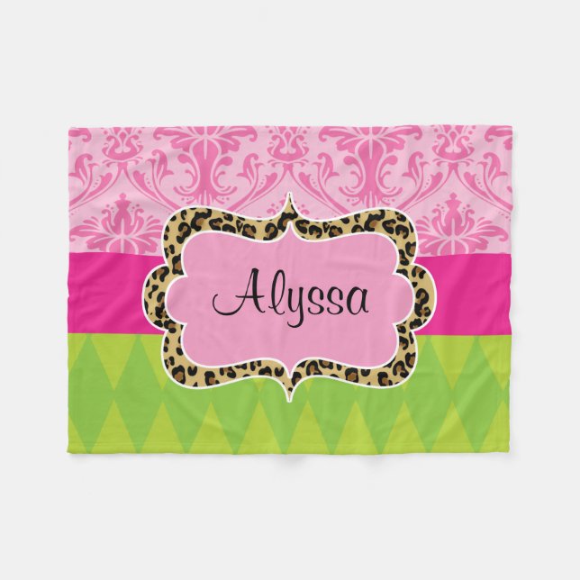 Pink Green Damask Leopard Throw Blanket (Front (Horizontal))