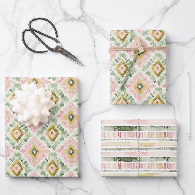 Pink Green Diamond Pattern Stripes Birthday Wrapping Paper Sheet (Front)