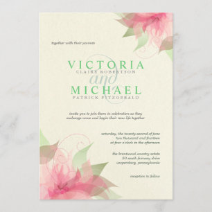 Pink Green Ecru Floral Wedding Invitations