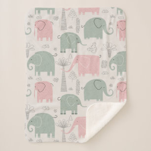 Pink Green Elephants Modern Sherpa Blanket