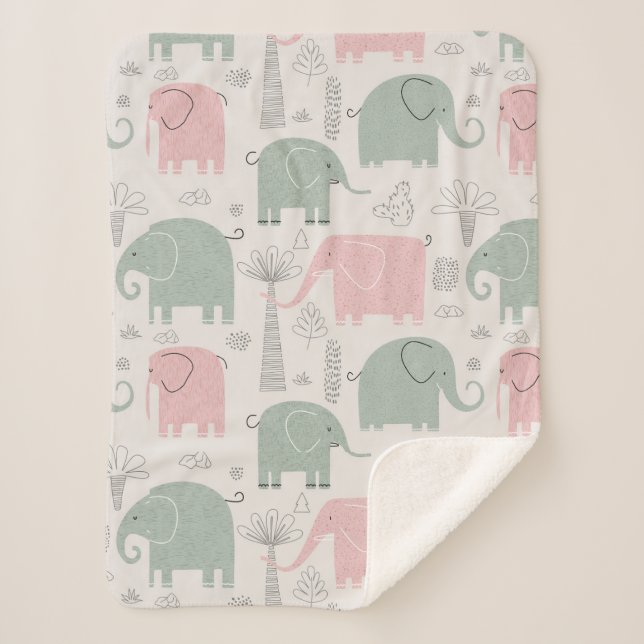 Pink Green Elephants Modern Sherpa Blanket (Front)
