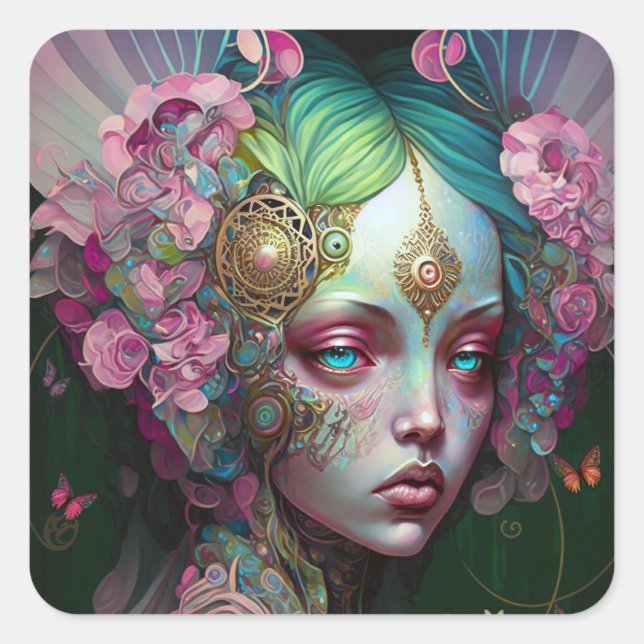 Pink Green Elf Fairy Woman Fantasy Art Square Sticker (Front)