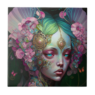 Pink Green Elf Fairy Woman Fantasy Art Tile